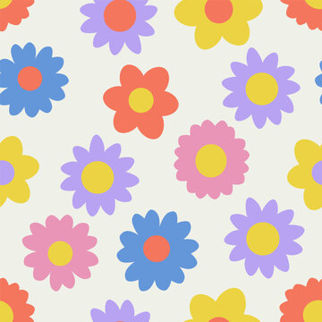 Floral trendy vector seamless pattern . Vintage 70s style flower background illustration. Y2k colorful pastel color groovy artwork bundle, spring backgrounds with flower