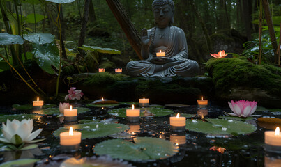 A Buddha statue decorated with simple candles and lotus flowers in a mossy forest,Generative AI