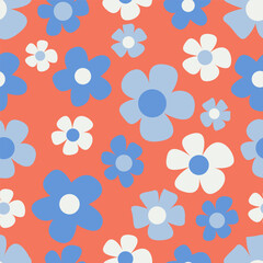 Trendy y2k seamless pattern with spring flower. Retro 70s style flower background vector illustration. Colorful pastel color groovy artwork bundle, nature backgrounds with spring plants