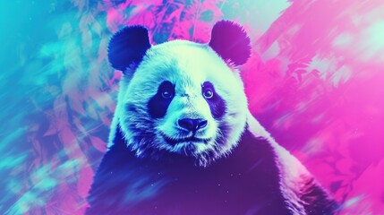 Fototapeta premium Fantasy vaporwave portrait of retrowave panda. Pink and blue colors.