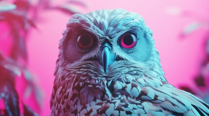 Fantasy vaporwave portrait of retrowave owl. Pink and blue colors.