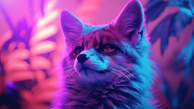 Fantasy vaporwave portrait of retrowave fox. Pink and blue colors.