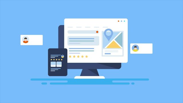 Business listing and SEO optimization, search engine display information about local retail store including location address, customer review, visiting hours and direction map video animation.