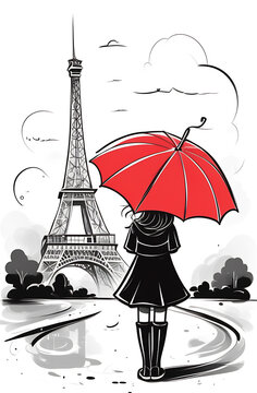 A girl with a red umbrella on the background of the Eiffel tower. A black and white picture. Made with the help of artificial intelligence. High quality. Postcard, wallpaper, background, screensaver. 