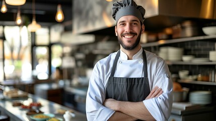 A male chef with his arms crossed is smiling in a restaurant. Generative AI.
