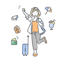 楽しみにしていた旅行へ出発する笑顔の女性　シンプルでお洒落な線画イラスト © fumi