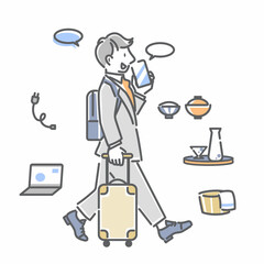 主張旅行へ向かう若いビジネスパーソン　シンプルでお洒落な線画イラスト