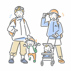 ワクワクしながら旅行へ出発する若い家族　シンプルでお洒落な線画イラスト　
