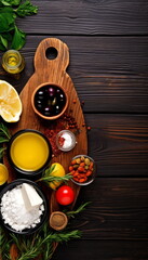 Obraz na płótnie Canvas Preparing Greek Salad - Ingredients like ripe tomatoes, green cucumbers, and olives on dark wood.