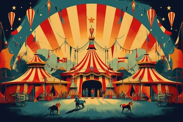 A vibrant painting capturing the lively scene of a circus with horses and people performing under a big top tent, Retro-style poster for a vintage circus carnival, AI Generated - obrazy, fototapety, plakaty