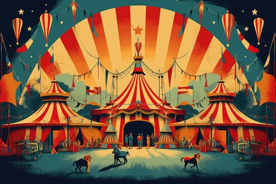 A vibrant painting capturing the lively scene of a circus with horses and people performing under a big top tent, Retro-style poster for a vintage circus carnival, AI Generated