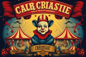 This vibrant and lively circus poster showcases a delightful clown, promising a thrilling and entertaining experience for everyone, Retro-style poster for a vintage circus carnival, AI Generated