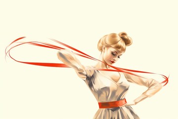 Obraz premium An artwork featuring a woman holding a red ribbon, showcasing the graceful portrayal of a female figure, Rhythmic gymnast with ribbon in mid-pose, AI Generated