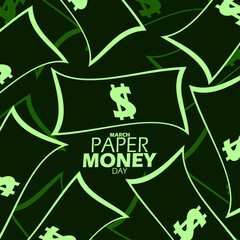 Paper Money Day event banner. Illustration of banknotes with bold text on dark green background to commemorate on March