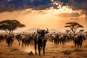 Fototapeta na wymiar A group of cows moving in unison across a field covered in parched grass, Roaming herds in Serengeti National Park, Tanzania, AI Generated
