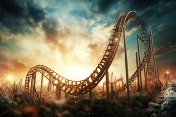 A roller coaster ride fills the sky with excitement as it stretches across clouds in a breathtaking scene, Roller coaster representing the ups and downs of the stock market, AI Generated