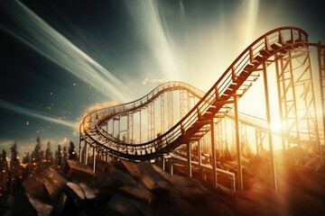 Experience the adrenaline as a roller coaster hurtles down a hill, against the backdrop of a stunning sunset, Roller coaster representing the ups and downs of the stock market, AI Generated