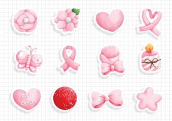Watercolor Fight Cancer,Pink October Sticker. Vector illustration