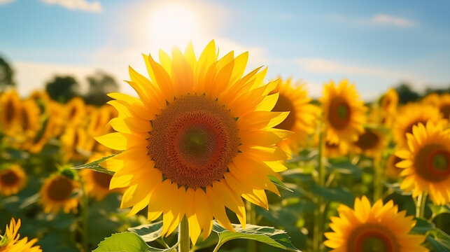Beautiful Summer Sunflower Field under Blue Sky. Close-up