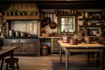 An image showcasing an old fashioned kitchen, complete with an array of pots and pans on full view, Rustic farmhouse kitchen with antique utensils, AI Generated