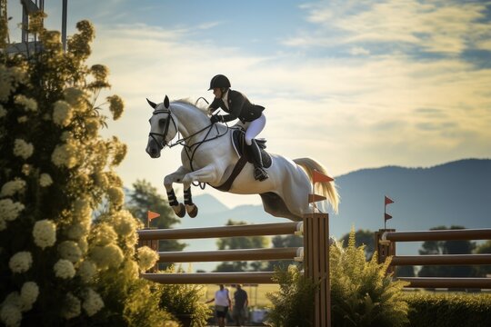Person Jumping Horse Over Obstacle, Equestrian Sport Action Photo, Scenic equestrian event with horse and rider jumping a hurdle, AI Generated