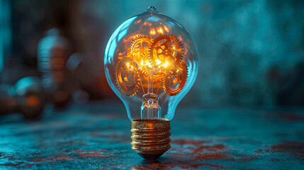Conceptual image with lightbulb with moving gears as a symbol of an idea on dark background - obrazy, fototapety, plakaty