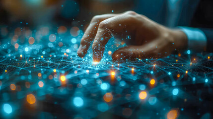 Fototapeta premium Finger touching digital hologram. Futuristic technology concept
