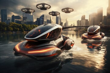 Futuristic Vehicle Floating on Water, Innovative Technological Advancement for Transportation, Single-seat, personal hovercrafts zipping through a futuristic city, AI Generated