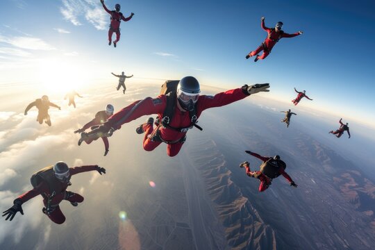 A dynamic image capturing a group of people flying through the air with excitement and freedom, Skydivers representing taking a business risk, AI Generated