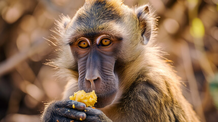 Baboon holding food with a thoughtful expression.