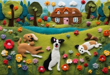 view of a meadow with dogs playing on the front lawn  Among the bright nature, Among the flowers and trees, felt art