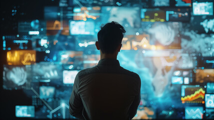 Man facing a wall of glowing digital data screens.
