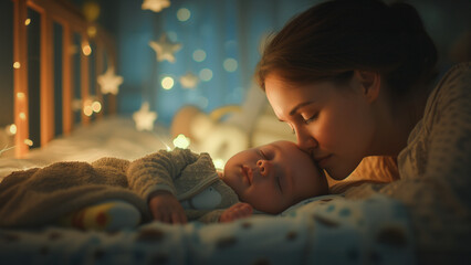 A tender scene as a mother gently kisses her sleeping baby's forehead, surrounded by a soft starry night light ambiance.