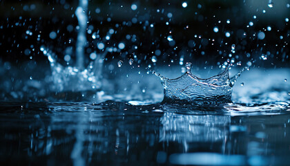 Closeup of rain drops splashing in in a puddle. Rainy season Autumn in a city macro shot, melancholic, sad mood