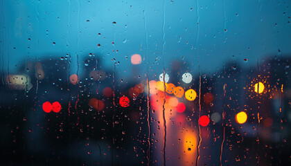 Rainy window with blurry city lights in the background. Bokeh out of focus blur, gloomy weather, melancholic mood, sadness, longing, depression concept backdrop