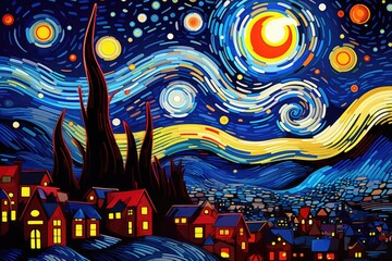 A stunning painting depicting a night sky filled with countless stars and a bright, full moon shining brightly, Starry night meets abstract pop art, AI Generated