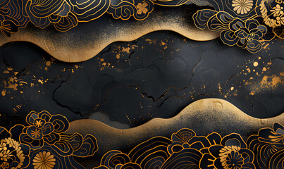 luxury background material in gold and black Japanese style,Generative AI