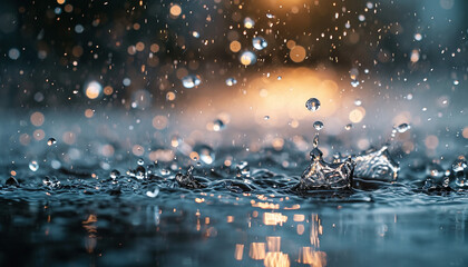 Closeup of rain drops splashing in in a puddle. Rainy season Autumn in a city macro shot, golden hour sunset lighting, uplifting, invigorating mood - obrazy, fototapety, plakaty
