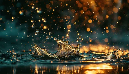 Foto op Canvas Close up of rain drops splashing in in a puddle. Rainy season Autumn in a city macro shot, golden hour sunset lighting, uplifting, invigorating mood © Gajus