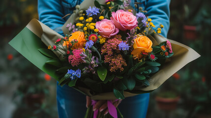 Vibrant bouquet held by person in blue jacket.