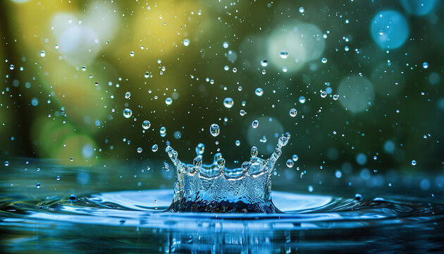 Closeup of a water drop splash in in a pond. Macro shot, blue and gray tones, surface tension, beautiful nature