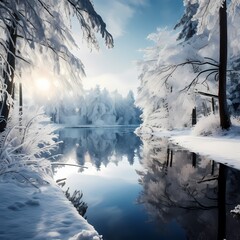 A snowy winter wonderland, with snow-covered trees and a frozen lake reflecting the serene beauty of the season