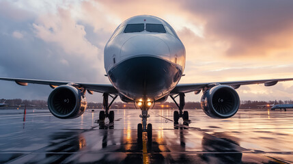Airplane on tarmac at dawn with lights on. - obrazy, fototapety, plakaty