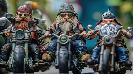 Toy bikers riding motorcycles in a row.