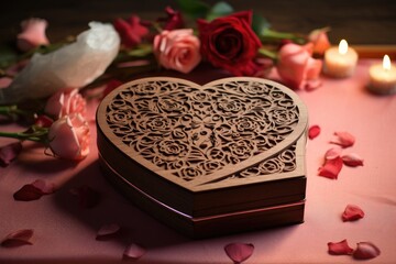 Heart Shaped Wooden Box on Table - Lovely Storage Container for Personal Treasures, Sustainably sourced wooden Valentine's Day gift box, AI Generated