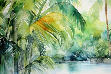 A captivating painting depicting a vibrant tropical scene, featuring majestic palm trees in full splendor, Swaying palm trees captured in the fluidity of abstract watercolors, AI Generated
