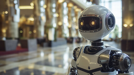 Fototapeta premium Futuristic robot in a luxury hotel lobby.
