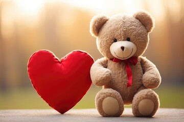 A cute teddy bear sits peacefully next to a vibrant red heart, conveying a sense of sweet love and affection, Teddy bear holding a heart-shaped 'I Love You' sign, AI Generated