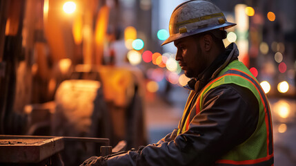 Construction worker inspects work on city street.