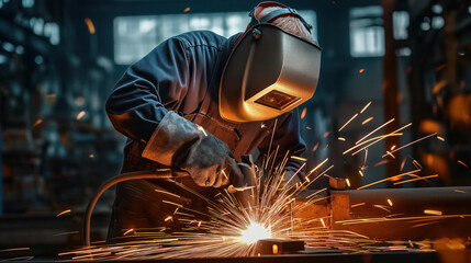 Worker welding metal with bright sparks flying.